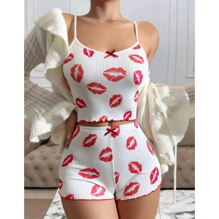 Kadın Beyaz Dudak Desenli Seksi Gecelik Takım 5021