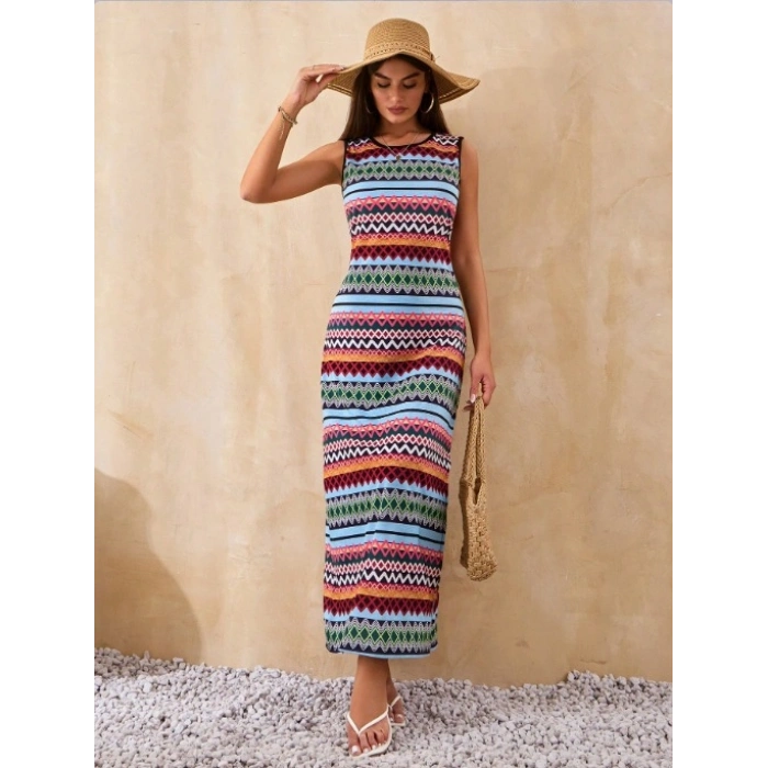 Kadın Bisiklet Yaka Cizgi Desen üprem Elbise