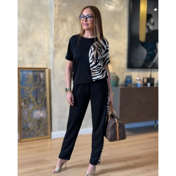 Kadın Bisiklet Yaka Kısa Kol Leopar Desen Bluz Ve Pantolon Ikili Takım