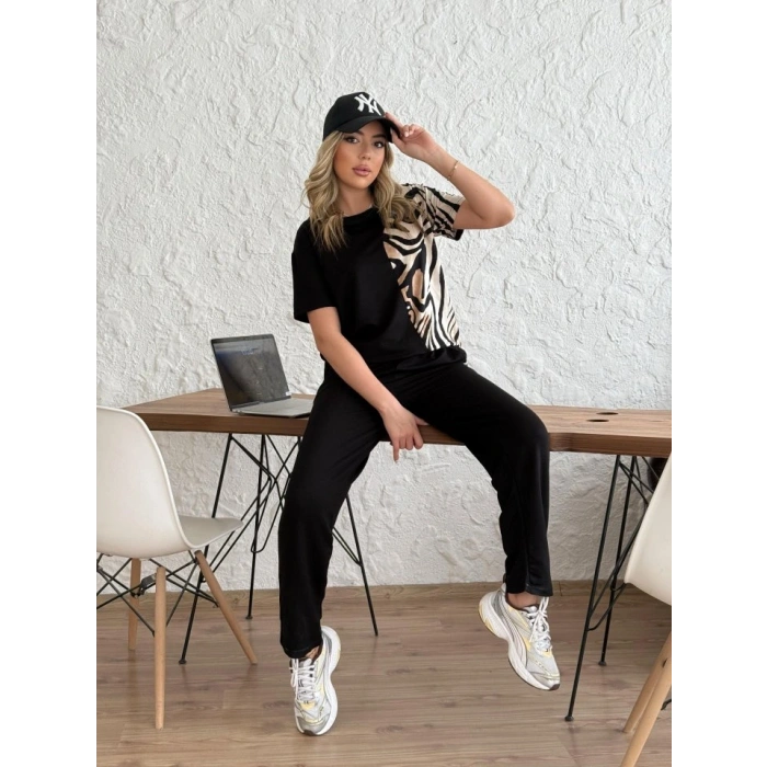 Kadın Bisiklet Yaka Kısa Kol Leopar Desen Bluz Ve Pantolon Ikili Takım