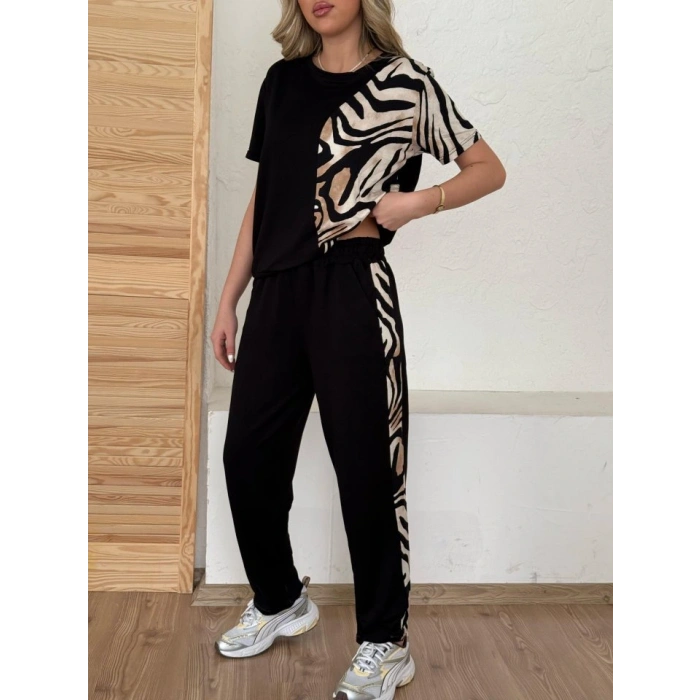 Kadın Bisiklet Yaka Kısa Kol Leopar Desen Bluz Ve Pantolon Ikili Takım