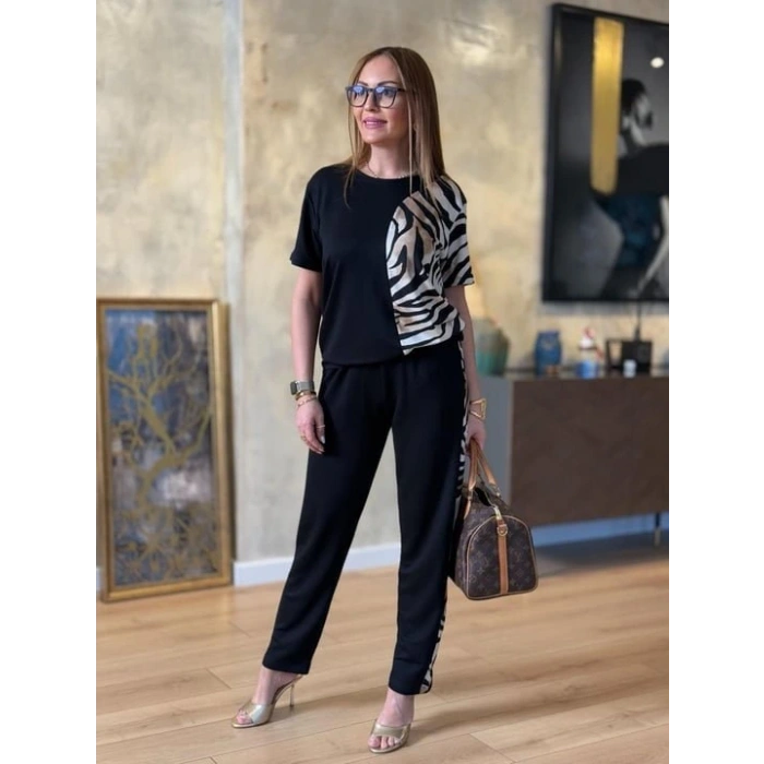 Kadın Bisiklet Yaka Kısa Kol Leopar Desen Bluz Ve Pantolon Ikili Takım