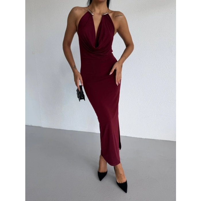 Kadın Boyun Aksesuarlı Halter Yaka axi Boy andy Kumaş Elbise