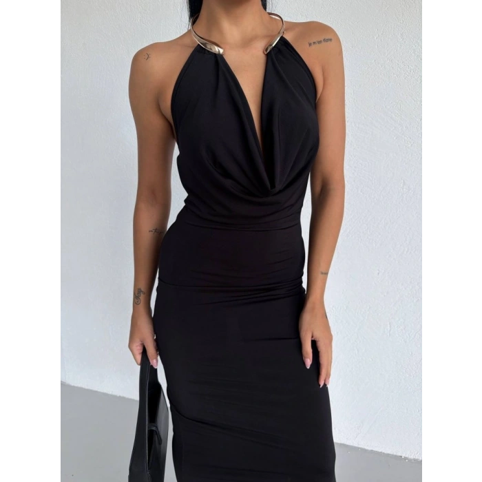 Kadın Boyun Aksesuarlı Halter Yaka axi Boy andy Kumaş Elbise