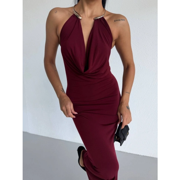 Kadın Boyun Aksesuarlı Halter Yaka axi Boy andy Kumaş Elbise