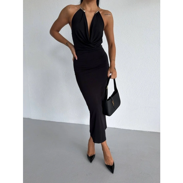 Kadın Boyun Aksesuarlı Halter Yaka axi Boy andy Kumaş Elbise