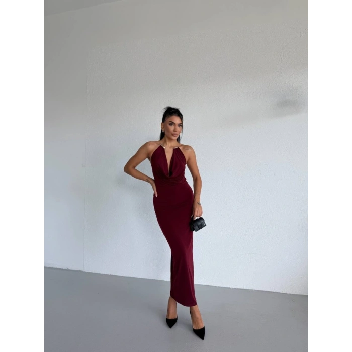 Kadın Boyun Aksesuarlı Halter Yaka axi Boy andy Kumaş Elbise