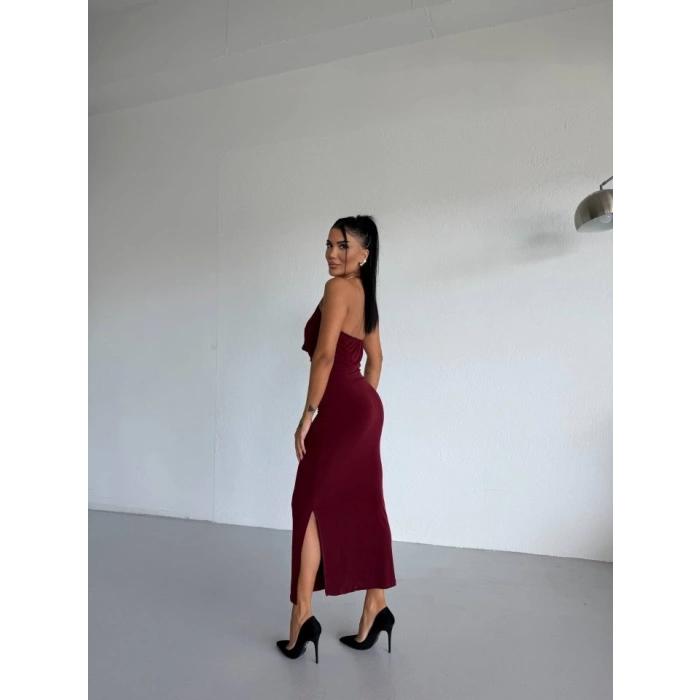 Kadın Boyun Aksesuarlı Halter Yaka axi Boy andy Kumaş Elbise