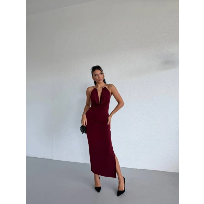 Kadın Boyun Aksesuarlı Halter Yaka axi Boy andy Kumaş Elbise