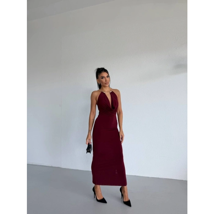 Kadın Boyun Aksesuarlı Halter Yaka axi Boy andy Kumaş Elbise