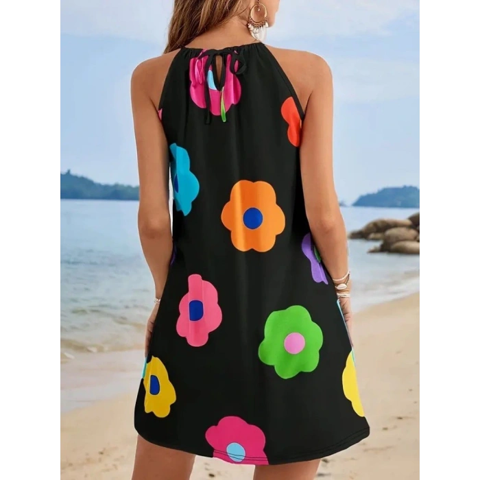 Kadın Boyundan Askılı Kolsuz çiçek Desenli Süprem Elbise