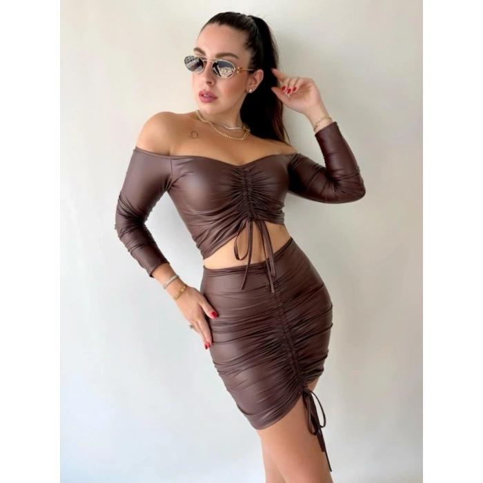 Kadın Büzgülü Deri Etek Takım Fırsat Ürün