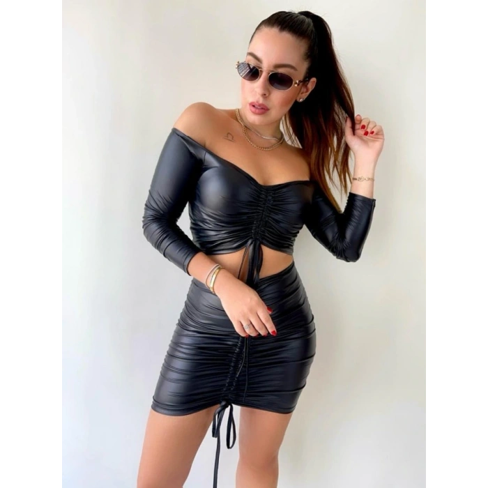 Kadın Büzgülü Deri Etek Takım Fırsat Ürün