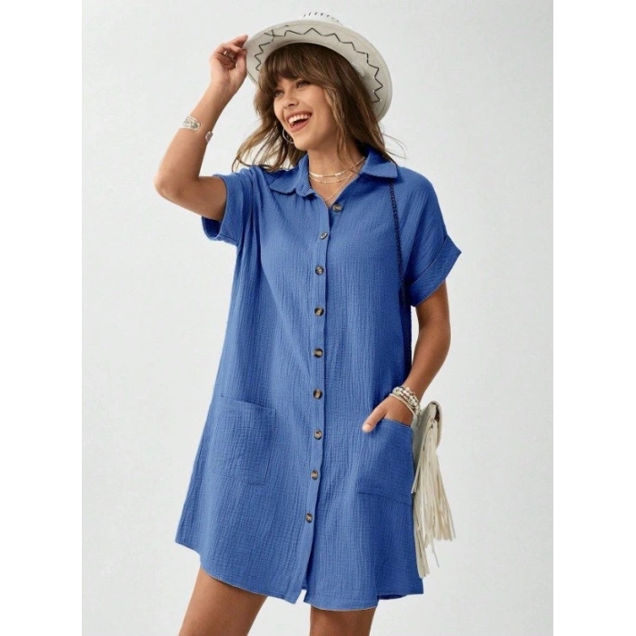 Kadın Cep Detay üslin Kumaş ini Gömlek Elbise