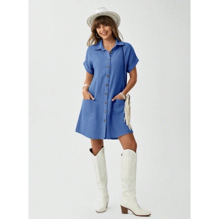 Kadın Cep Detay üslin Kumaş ini Gömlek Elbise