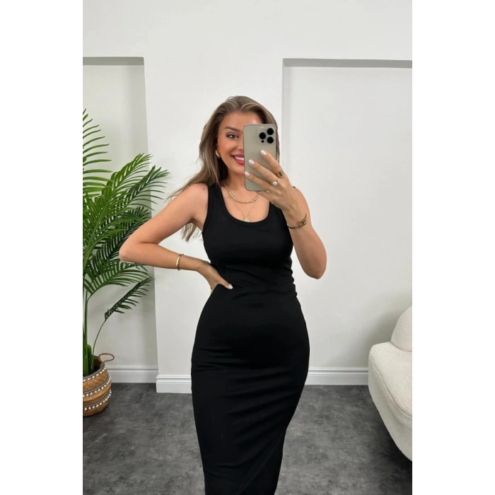 Kadın çift Yırtmaç Detaylı ıfır Kol Midi Boy Elbise