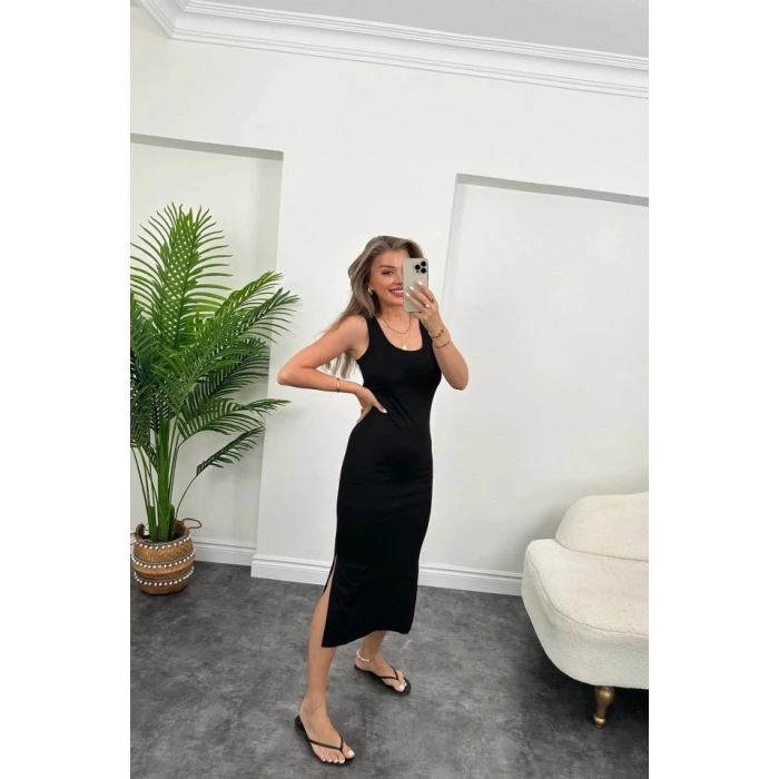 Kadın çift Yırtmaç Detaylı ıfır Kol Midi Boy Elbise