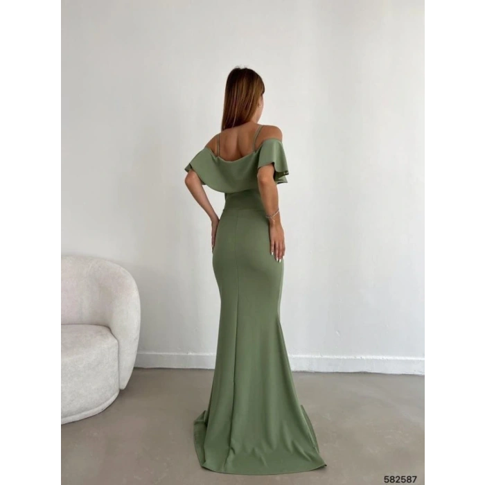 Kadın Dalgıç Krep Yırtmaç Detaylı Askılı Maxi Boy Elbise