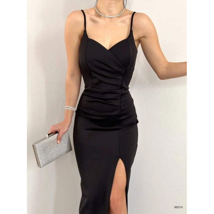 Kadın Dalgıç Kumaş Askılı Yırtmaç Detaylı V Yaka axi Boy Elbise