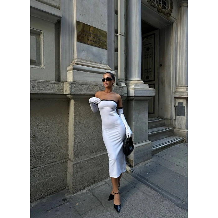 Kadın Dalgıç Kumaş Askısız Yırtmaç Detaylı Elbise