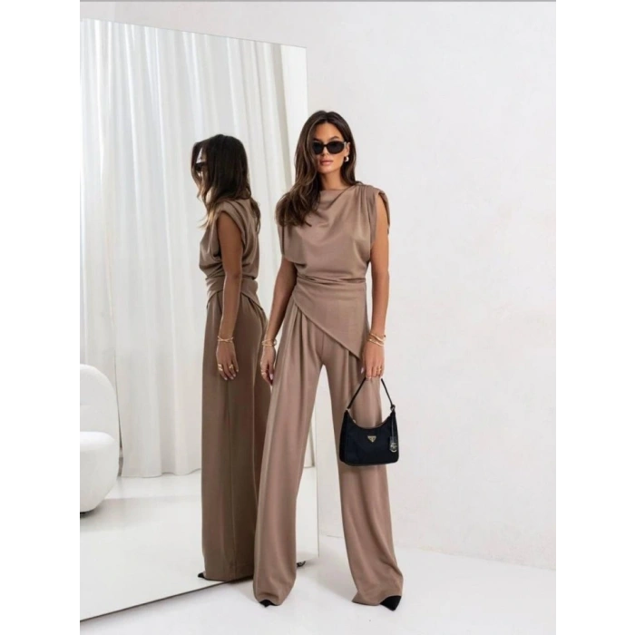 Kadın Dalgıç Kumaş ıfır Kol Bluz Ve Bol Kesim Pantolon Ikili Takım