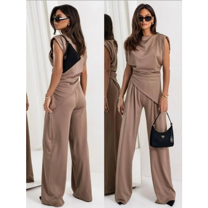 Kadın Dalgıç Kumaş ıfır Kol Bluz Ve Bol Kesim Pantolon Ikili Takım