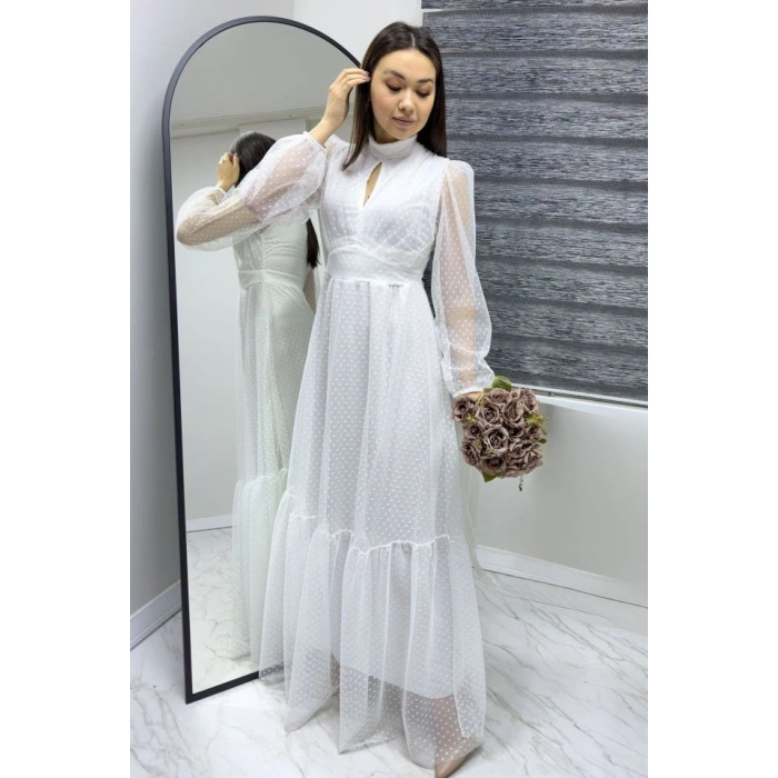 Kadın Damla Yaka Sırt Dekolteli Astarlı Tül Elbise