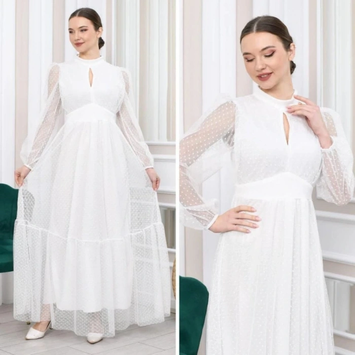 Kadın Damla Yaka Sırt Dekolteli Astarlı Tül Elbise