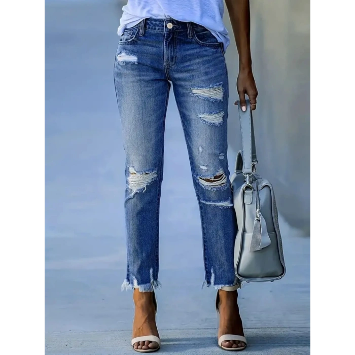 Kadın Dar Kesim Cepli önden Yırtık Desenli Denim Pantolon