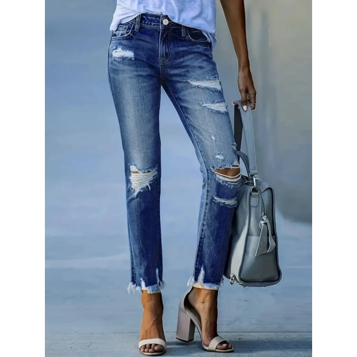 Kadın Dar Kesim Cepli önden Yırtık Desenli Denim Pantolon