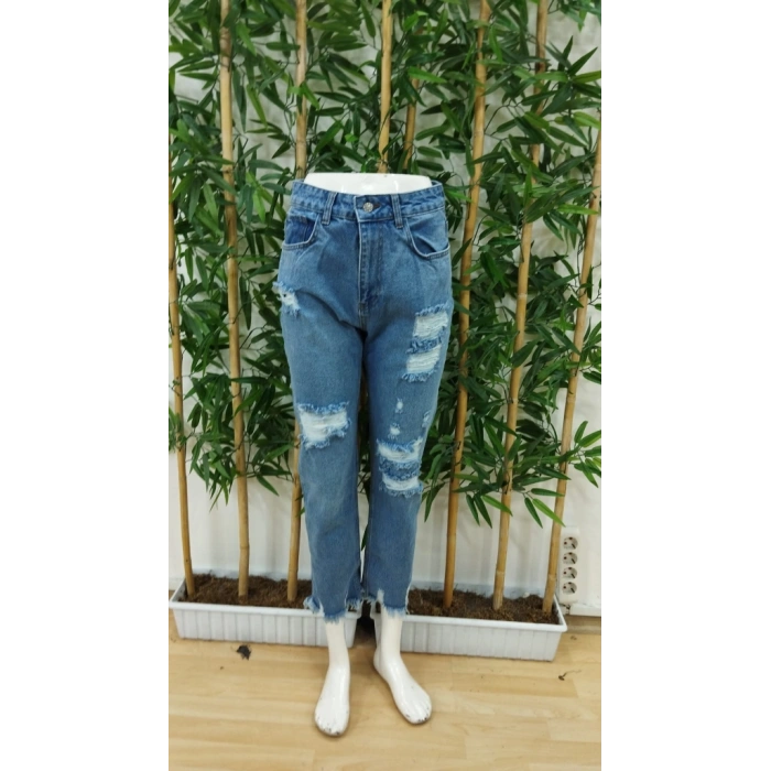 Kadın Dar Kesim Cepli önden Yırtık Desenli Denim Pantolon