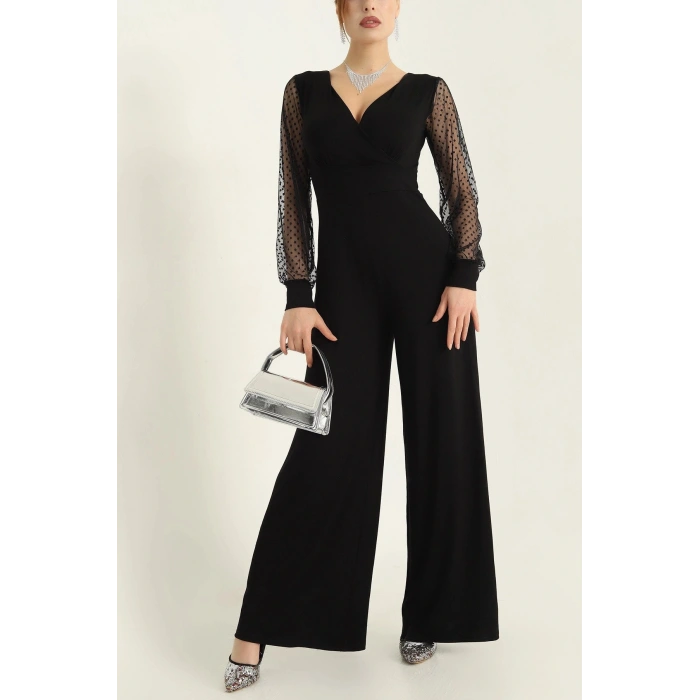 Kadın Derin V Yaka Kolları Puantiyeli Tül Detay Ispanyol Paça Tulum