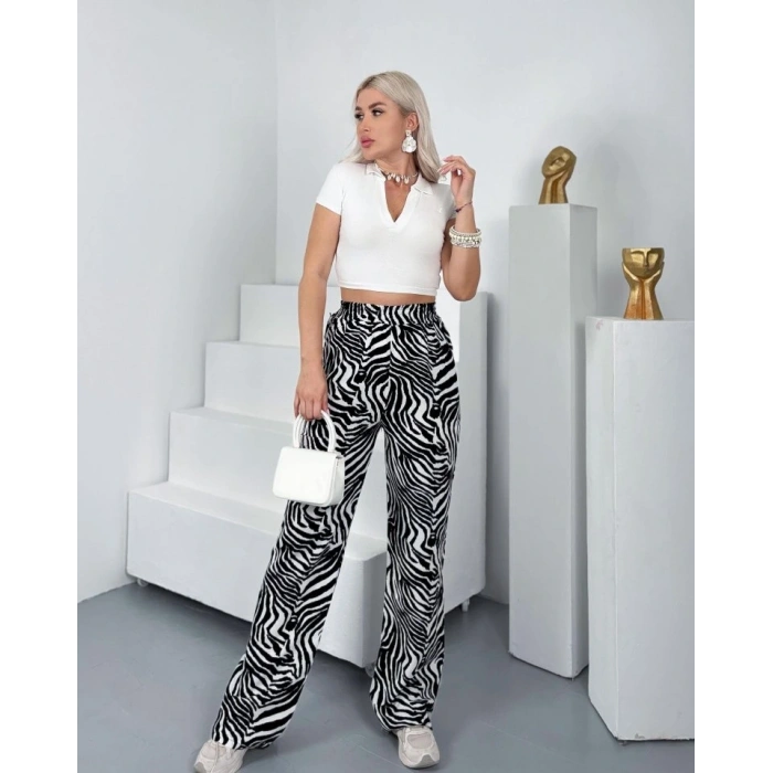 Kadın Desenli Dokuma Viskon Kumaş Cepli Bol Paça Pantolon