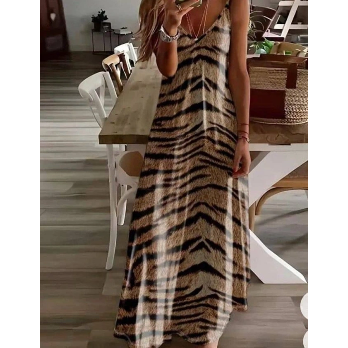 Kadın Dijital Baskılı uprem Kumaş Askılı Maxi Boy Elbise