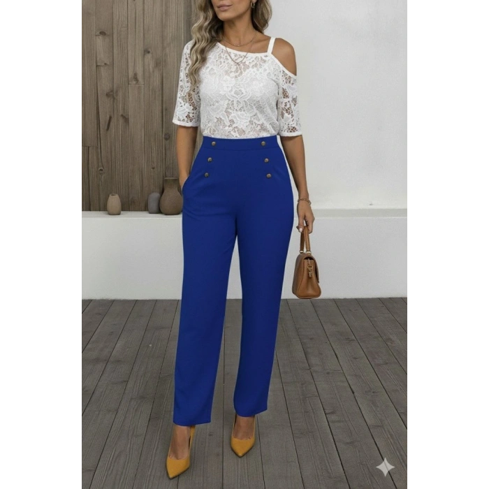 Kadın Düğme Detay Bol Paça Ithal Krep Pantolon