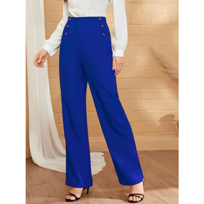 Kadın Düğme Detay Bol Paça Ithal Krep Pantolon