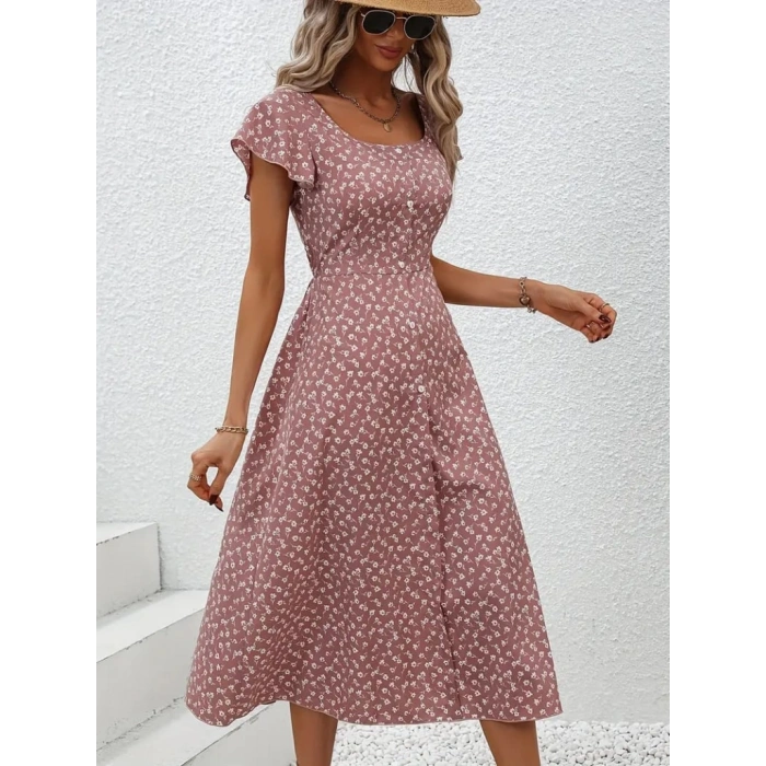 Kadın Düğme Detaylı çiçek Desen Midi Boy Süprem Kloş Elbise