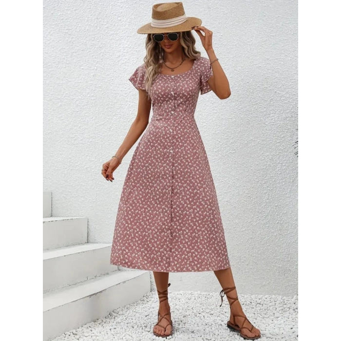 Kadın Düğme Detaylı çiçek Desen Midi Boy Süprem Kloş Elbise