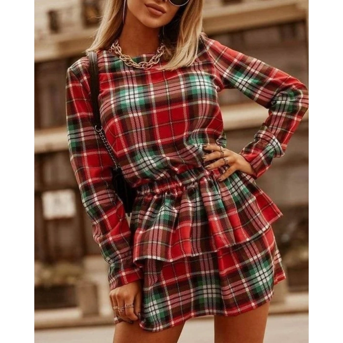 Kadın Ekose Kumaş Dijital Baskılı Uzun Kollu Mini Boy Elbise