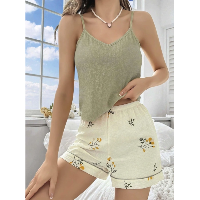 Kadın Ekru Çiçek Baskılı Şortlu Gecelik Pijama Takımı 5099
