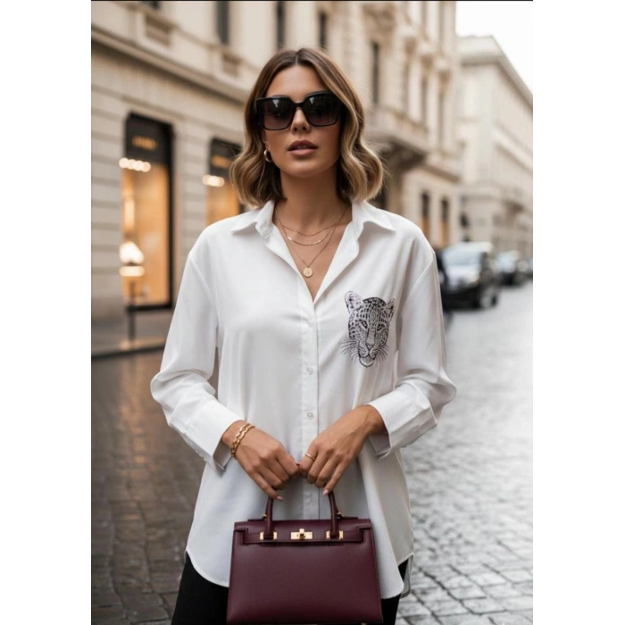 Kadın Leopar Baskılı Taş Işlemeli Jessica Kumaş Gömlek