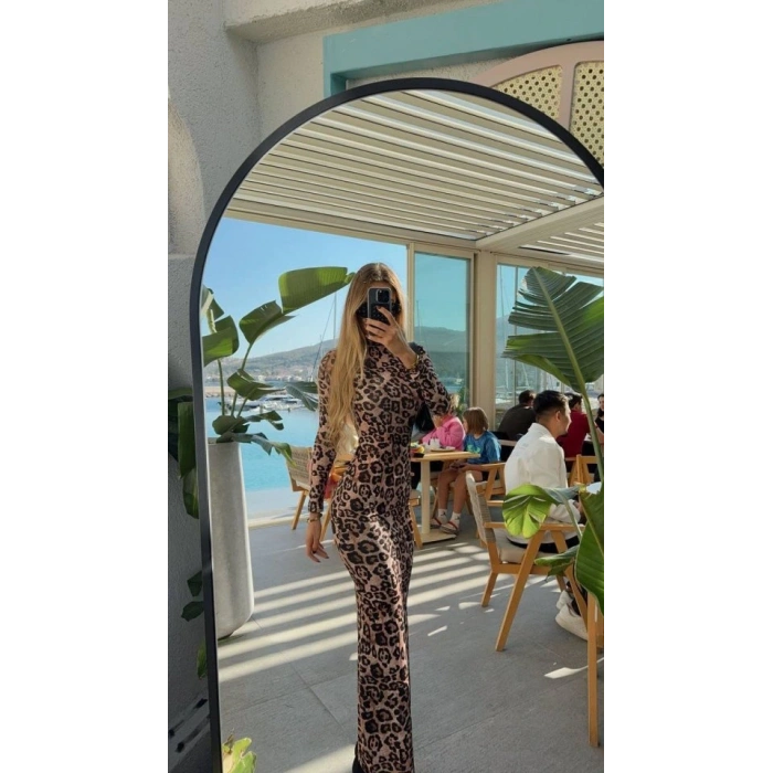 Kadın eopar Desenli Sırt Dekoltelı axı Boy Elbise