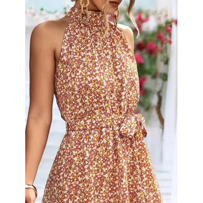 Kadın Eteği Volanlı Halter Yaka Süprem Elbise