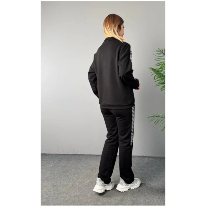 Kadın Fermuar Ve Ekose Detay weatshirt Ve Pantolon üç Iplik Kumaş Ikili Takım