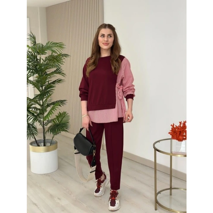 Kadın Gömlek Detay çizgili Yandan Bağlamalı Ikili Takım