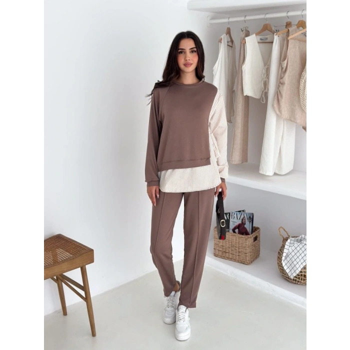 Kadın Gömlek Detay çizgili Yandan Bağlamalı Ikili Takım