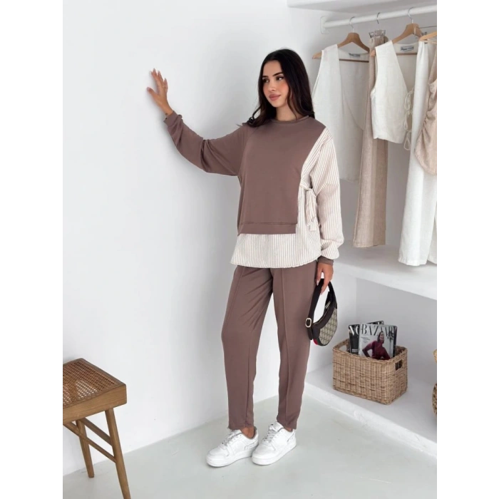 Kadın Gömlek Detay çizgili Yandan Bağlamalı Ikili Takım