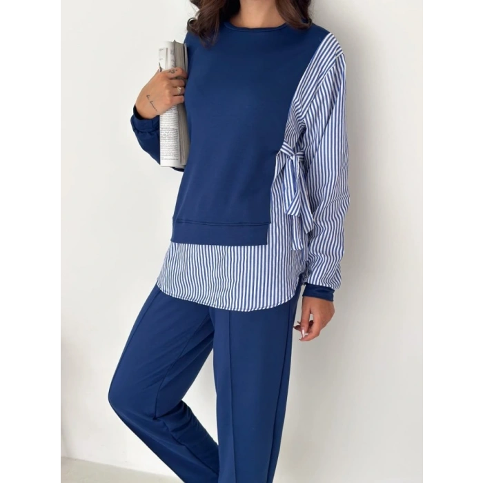 Kadın Gömlek Detay çizgili Yandan Bağlamalı Ikili Takım