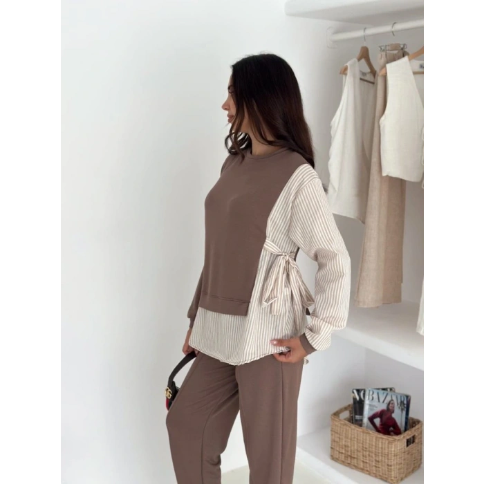 Kadın Gömlek Detay çizgili Yandan Bağlamalı Ikili Takım