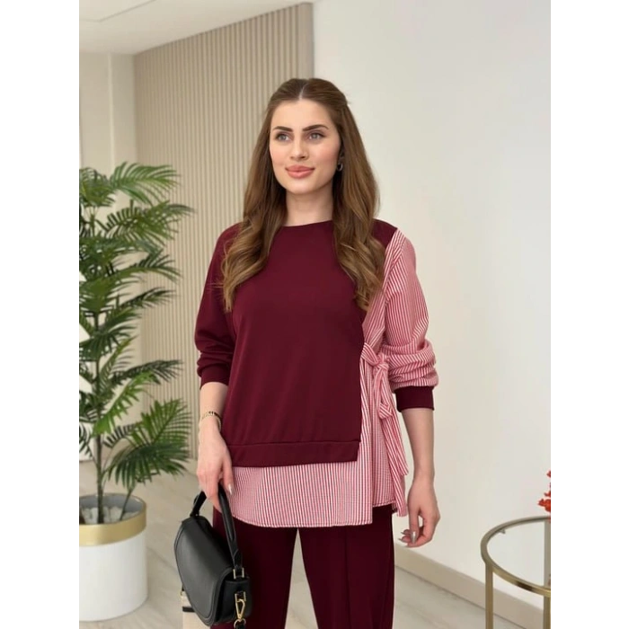 Kadın Gömlek Detay çizgili Yandan Bağlamalı Ikili Takım